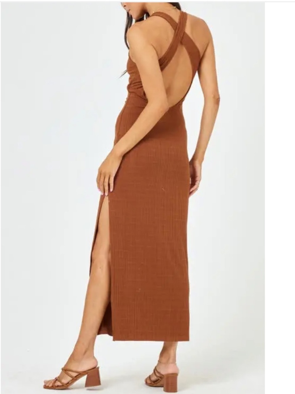 LSpace Francesca Dress Coffee brown knit midi strappy back Revolve M - Picture 3 of 13